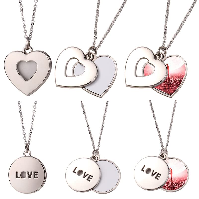 SCCFMM 20 pieces Sublimation Blank Necklace with Chain Set Blank Necklace Rhinestone Heart And Round Shape Bezel Pendant Tray, Sublimation Sheet for DIY Heat Transfer Print