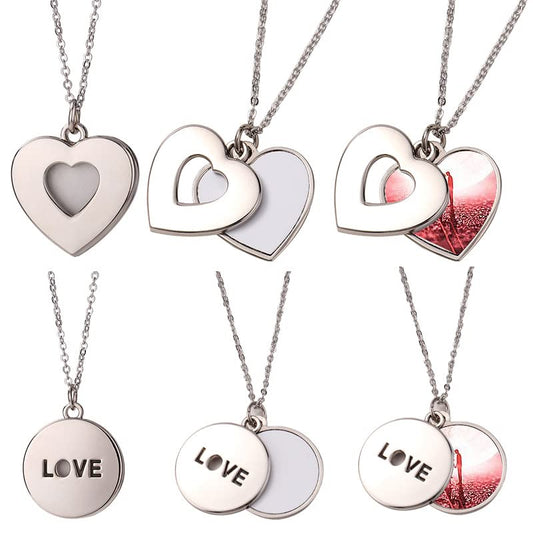 SCCFMM 20 pieces Sublimation Blank Necklace with Chain Set Blank Necklace Rhinestone Heart And Round Shape Bezel Pendant Tray, Sublimation Sheet for DIY Heat Transfer Print