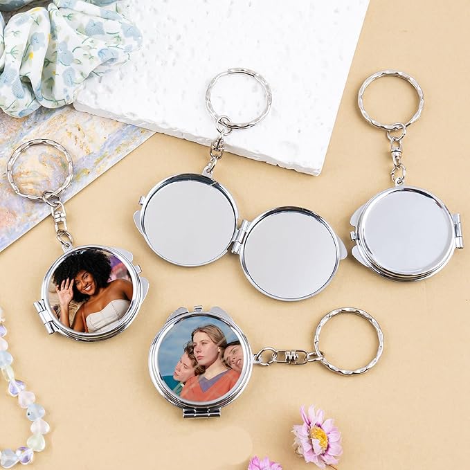 20 Pack Sublimation Blanks Pocket Mirror with Keychains DIY Heat Transfer Compact Travel Folding Mirrors for Makeup Gift Round Silver