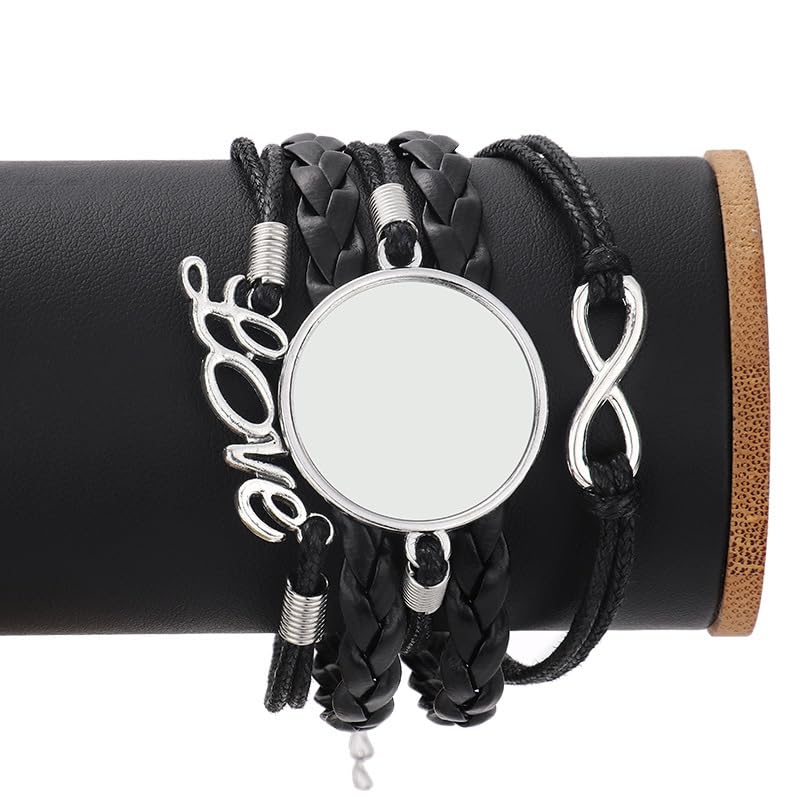 SCCFMM 30 set Sublimation Blank adjustable round Cabochon Bezel Disc Rough bracelet Sublimation leatherette Bracelet DIY Heat transfer rough bracelet Bezel set for hand crafted bracelets (Love)