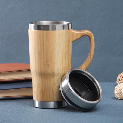 18oz Premium Bamboo Tumbler with Handle - Vacuum Insulated Thermos for Tea, Coffee - Bamboo Stainless Portable Thermal Travel Handle Mug Bottle For Office