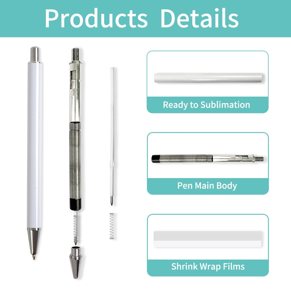 20 Pack Sublimation Pens Blanks No Clip Bulk White with 20 Pieces Shrink Wrap Films, DIY Personalized Ballpoint Pen by Heat Press Sublimation Oven
