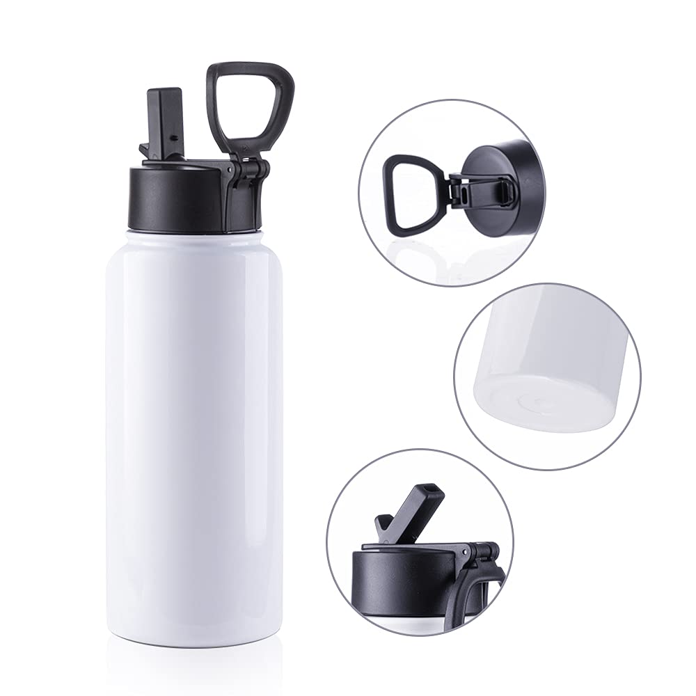 2 Pack Sublimation Blank Tumbler 32 OZ White Vacuum Flask Stainless Steel Sports Wide Mouth Water Bottle with Straw and Portable Handle