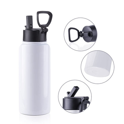 2 Pack Sublimation Blank Tumbler 32 OZ White Vacuum Flask Stainless Steel Sports Wide Mouth Water Bottle with Straw and Portable Handle