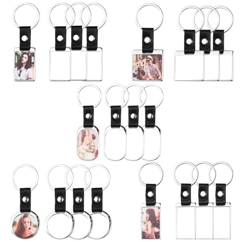 SCCFMM 50Pack Sublimation PU Leather Keychain Blanks Metal Round Heart Shape DIY Heat Transfer Key Chain Pendant for Gift Crafts