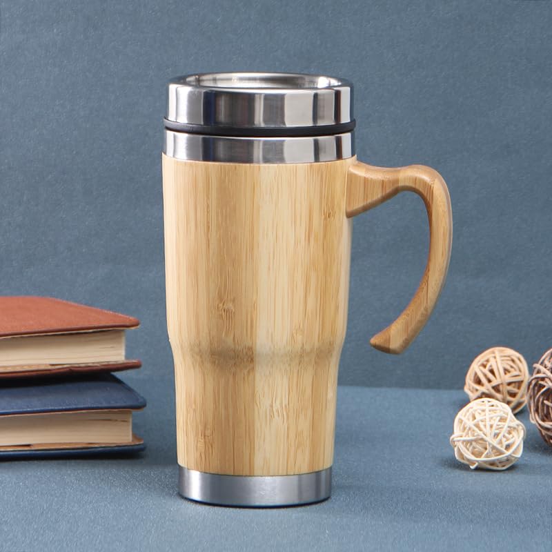 18oz Premium Bamboo Tumbler with Handle - Vacuum Insulated Thermos for Tea, Coffee - Bamboo Stainless Portable Thermal Travel Handle Mug Bottle For Office