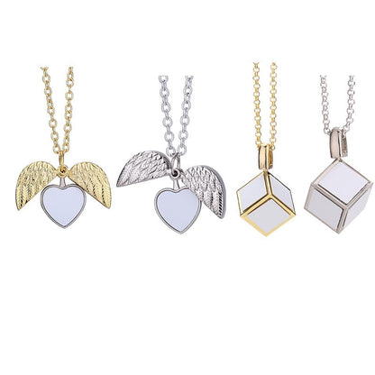 20 Pieces Sublimation Blank Necklace with Chain Set Blank Necklace Rhinestone Wing Shape Bezel Pendant Tray, Sublimation Blank Sheet, Double Sided Tape for DIY Heat Transfer Print