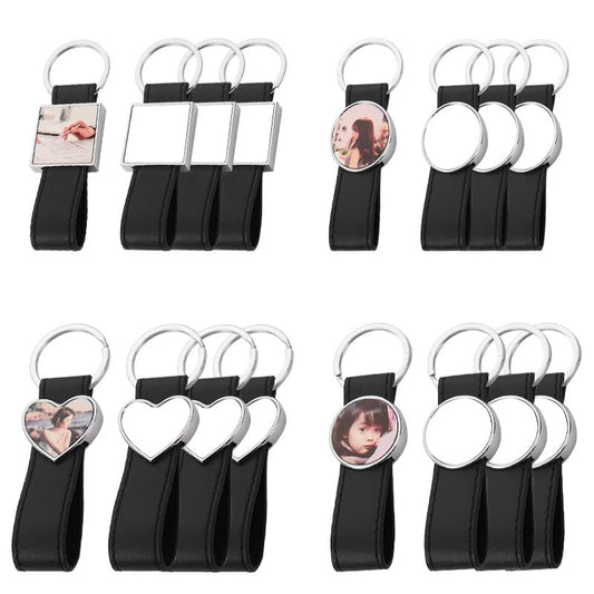 40 Pack Leather Sublimation Blanks PU Leather Keychain with Metal Square Rectangle Heart Round Shape DIY Heat Transfer Blank Tray Key Chain for DIY Crafts Photo Black