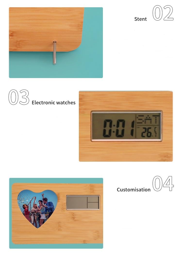 SCCFMM 3 pcs Sublimation Blank Wood Photo Frame with Electric Clock DIY Heat Transfer Print Desktop Wooden Photo Frame Clock with Display (Oval)