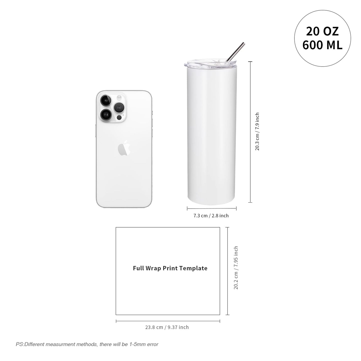 Sublimation Blanks Skinny Tumbler White 20 OZ Straight Stainless Steel with Metal Straw for Mug Tumbler Heat Press Machine Sublimation Printing 4 Pack