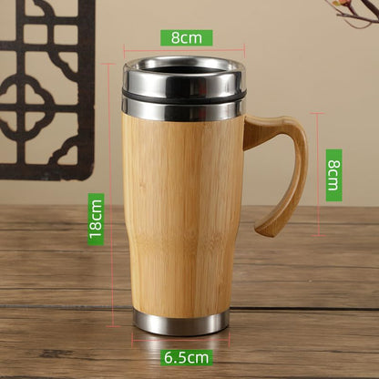 18oz Premium Bamboo Tumbler with Handle - Vacuum Insulated Thermos for Tea, Coffee - Bamboo Stainless Portable Thermal Travel Handle Mug Bottle For Office