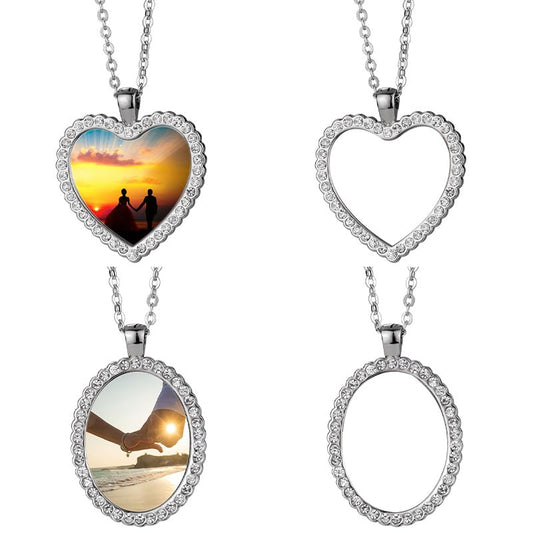 50 Set Sublimation Rhinestone Trays Pendant Necklace Chain Set, Including 25 set Oval Shape Blank Rhinestone Bezel Trays, 25 set Heart Shape Thick Chains with 50 Sublimation Discs for DIY Heat Transfer Print