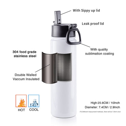 4 Pack Sublimation Blank Tumbler 22 OZ Sports Wide Mouth Stainless Steel Water Bottle Vacuum Flask with Straw and Portable Handle for Tumbler Press Machine Sublimation Print