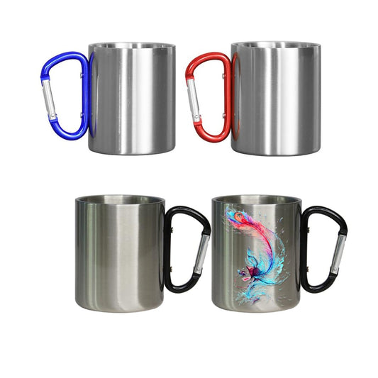 SCCFMM 3 Pack Sublimation Blank Stainless Steel Coffee Mugs With Carabiner Handle Camping Cup 10oz DIY Heat Transfer Print Double Walled Stainless Steel Camping Mug For Outdoor Travel Camp