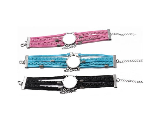 SCCFMM 30 set Sublimation Blank adjustable round Cabochon Bezel Disc Rough bracelet Sublimation leatherette Bracelet DIY Heat transfer rough bracelet Bezel set for hand crafted bracelets (Love)