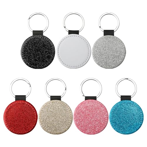 70 PCS Sublimation Blank Sequin Keychain PU Leather Sublimation Print Keychains DIY Heat Transfer Print Keyring for Gift (round)