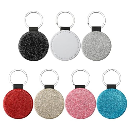70 PCS Sublimation Blank Sequin Keychain PU Leather Sublimation Print Keychains DIY Heat Transfer Print Keyring for Gift (round)