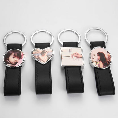 40 Pack Leather Sublimation Blanks PU Leather Keychain with Metal Square Rectangle Heart Round Shape DIY Heat Transfer Blank Tray Key Chain for DIY Crafts Photo Black