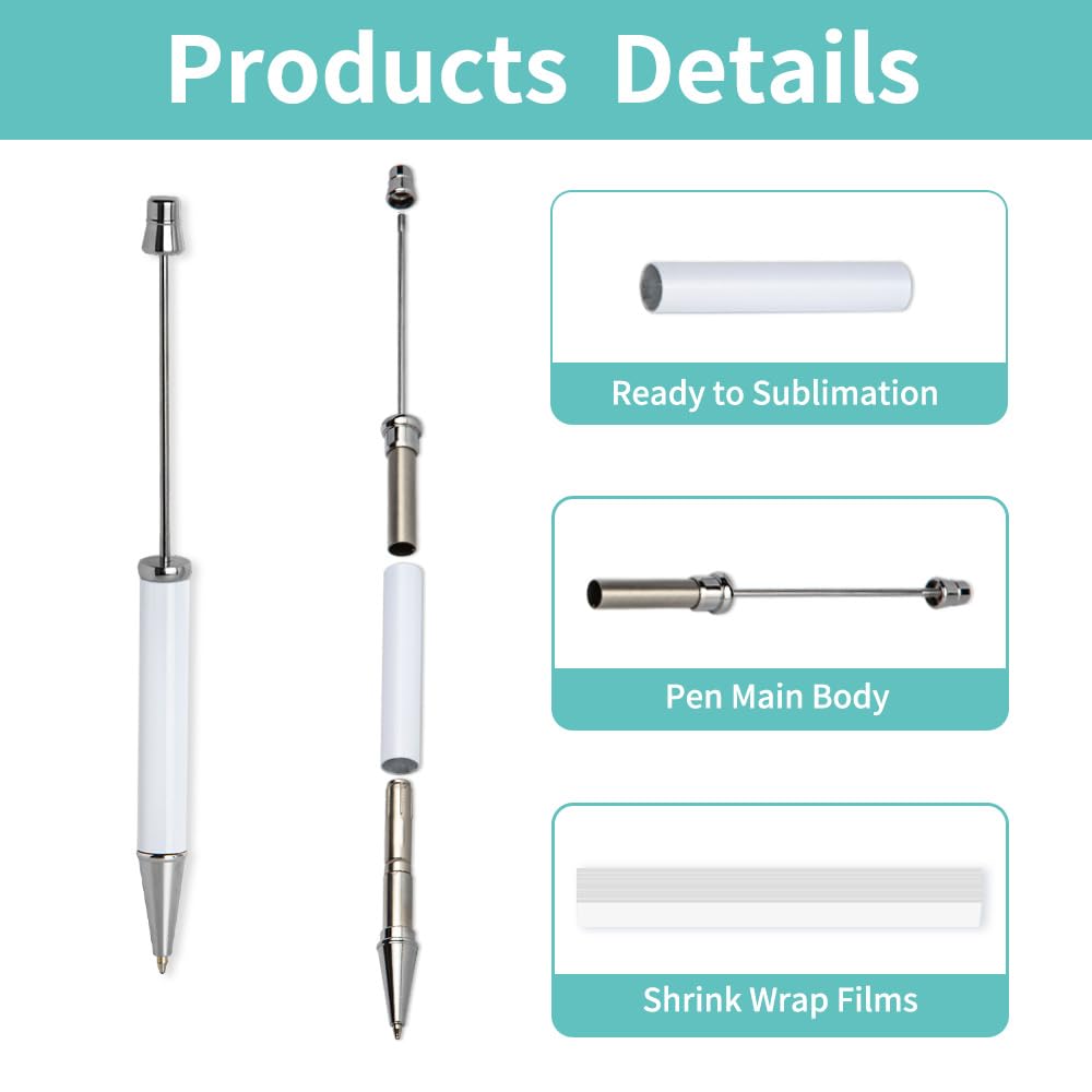 20pcs Sublimation Beadable Pens Blanks Bulk White with 20 Pieces Shrink Wrap Films,Sublimation Ballpoint Pen Personalized DIY by Pen Heat Press Sublimation Oven