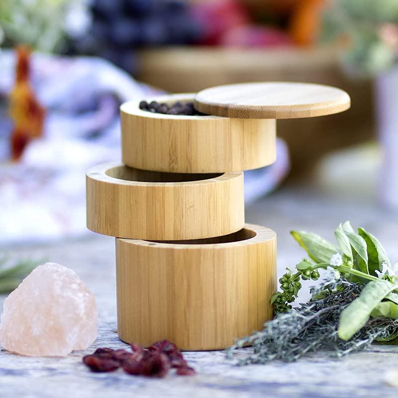 3-Tier Bamboo Salt Cellar with Magnetic Lid - Kitchen Salt Box with Swivel Magnetic Closure Lid Ideal for Celtic Sea Salt, Redmond Real Salt and Pepper Bowls