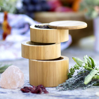 3-Tier Bamboo Salt Cellar with Magnetic Lid - Kitchen Salt Box with Swivel Magnetic Closure Lid Ideal for Celtic Sea Salt, Redmond Real Salt and Pepper Bowls