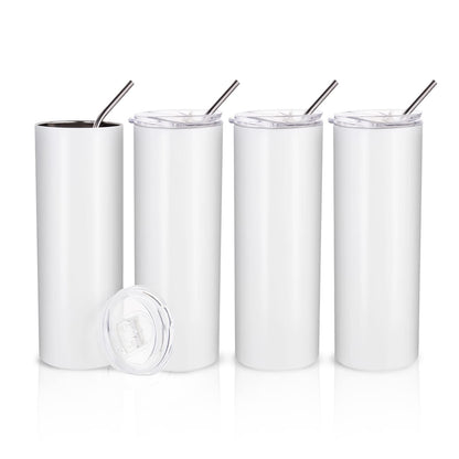 Sublimation Blanks Skinny Tumbler White 20 OZ Straight Stainless Steel with Metal Straw for Mug Tumbler Heat Press Machine Sublimation Printing 4 Pack