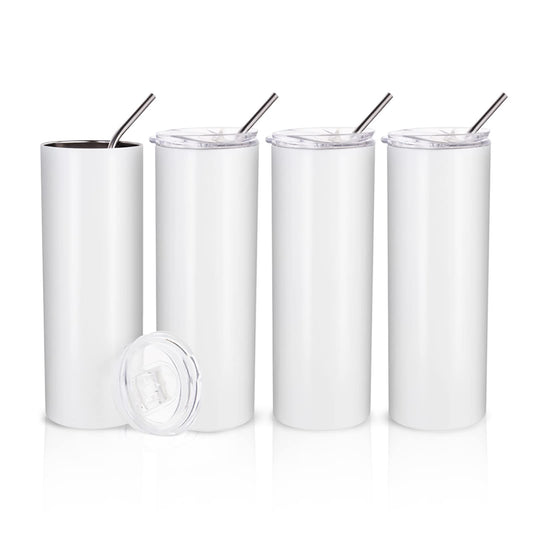 Sublimation Blanks Skinny Tumbler White 20 OZ Straight Stainless Steel with Metal Straw for Mug Tumbler Heat Press Machine Sublimation Printing 4 Pack