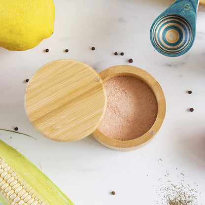 2 pieces Bamboo Salt Cellar with Magnetic Swivel Lid, Rustic Bamboo Salt Box for Kitchen for Seasonings/Spices/Candies, Salt Container for All Kinds of Spices/Nuts/Craft Materials, 7.40 Ounce Capacity