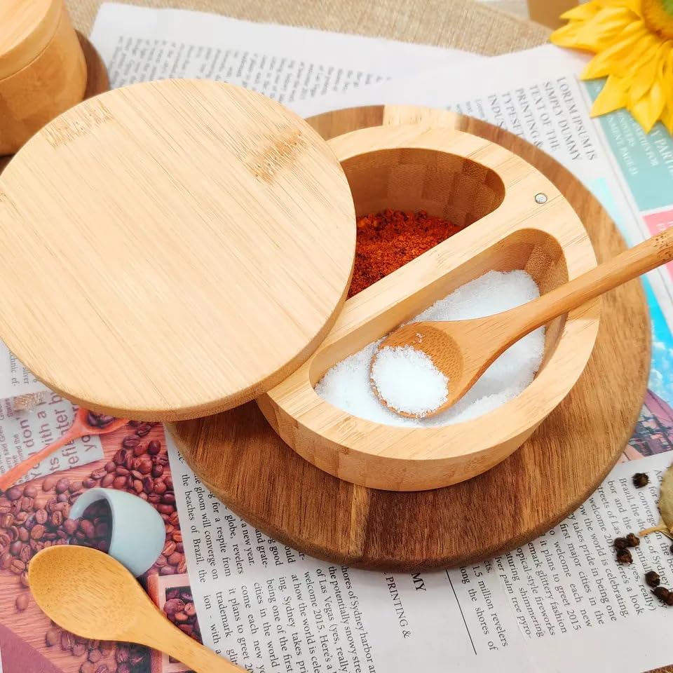 4.7 * 2.4 inch/12 * 6cm Bamboo Salt Keeper Duet Salt and Pepper Bowl, Salt Cellar and Storage Box with Two Compartments, Magnetic Swivel Lid