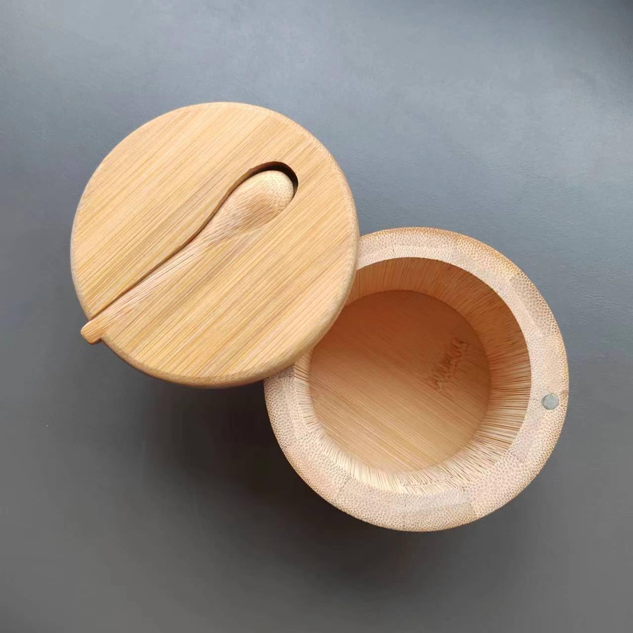 2 pieces 7.4 Ounce Bamboo Salt Cellar with Mini Spoon, Kitchen Salt Box with Swivel Magnetic Closure Lid, Round Salt Container to Storage Pepper Spice Bath