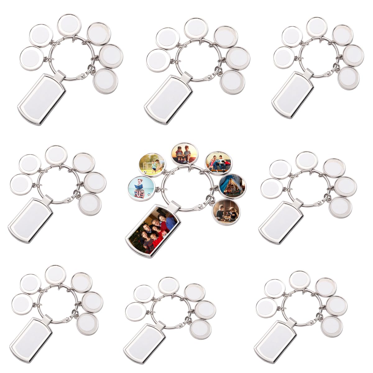 SCCFMM 10 Pcs Sublimation Blanks Keychain With 7 Keyring, DIY Heat Transfer Press Key Chains with Keyrings for Photos, Laser Engraving Crafts