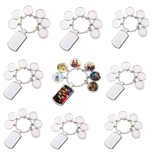 SCCFMM 10 Pcs Sublimation Blanks Keychain With 7 Keyring, DIY Heat Transfer Press Key Chains with Keyrings for Photos, Laser Engraving Crafts