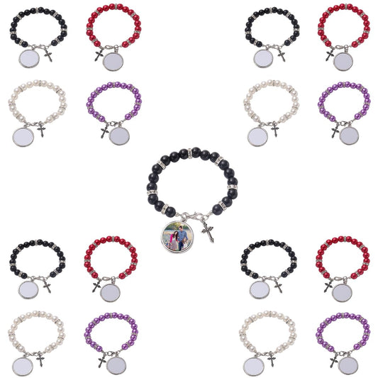 SCCFMM 16 pcs Sublimation Blank Rosary Bracelets for Baptism Imitation Pearl Rosary Beads Bracelets Cross Charm Memorial Photo Bracelet with DIY Heat Transfer for Jewelry Making