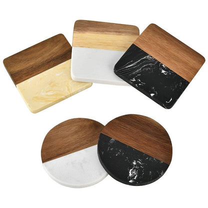 6 Pieces Marble & Wooden Coasters – Set of 6 Alabaster Marble and Wood Coasters, Ideal for Drinks, Beverage, Tea, Coffee, Bar Tables & Home Decor - Housewarming Gift for Laser Engrave (Round Black)
