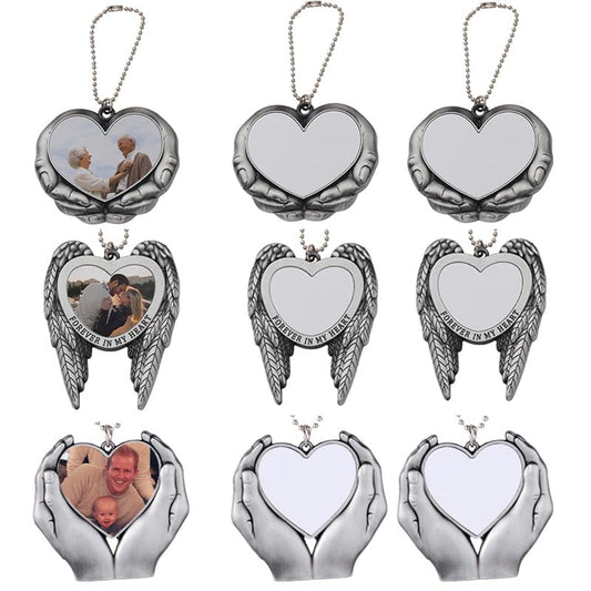 30 Sets 3 Styles Alloy Metal Sublimation Blank Pendant, DIY Heat Transfer Angel Wing Rearview Mirror Pendant, Heart Sublimation Pendant Blanks Car Hanging Ornament for Gift