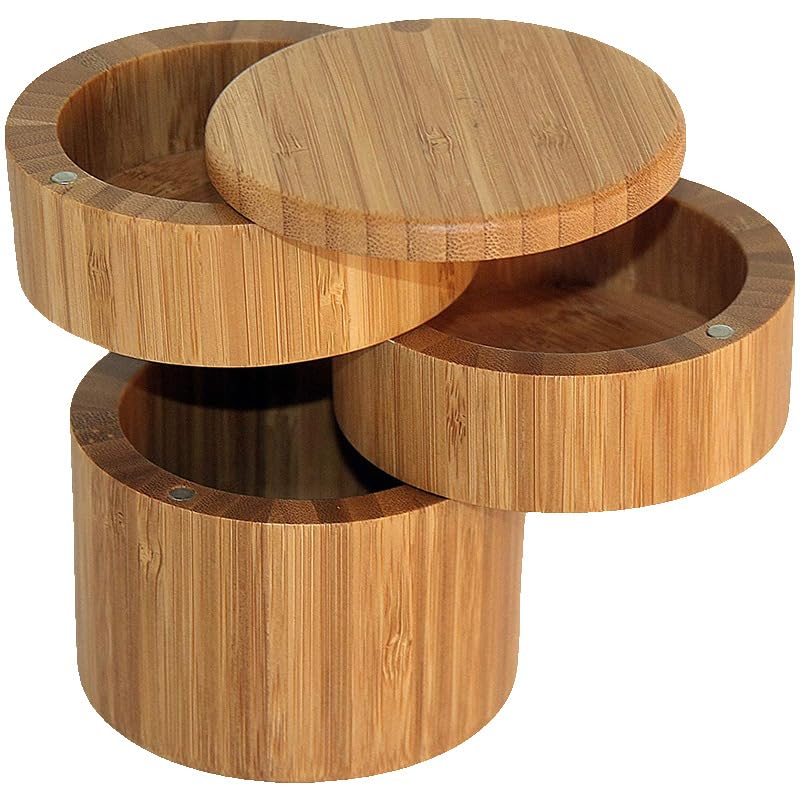 3-Tier Bamboo Salt Cellar with Magnetic Lid - Kitchen Salt Box with Swivel Magnetic Closure Lid Ideal for Celtic Sea Salt, Redmond Real Salt and Pepper Bowls