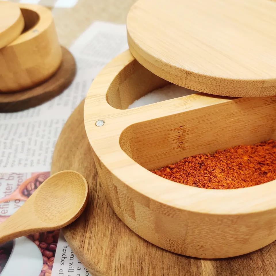 4.7 * 2.4 inch/12 * 6cm Bamboo Salt Keeper Duet Salt and Pepper Bowl, Salt Cellar and Storage Box with Two Compartments, Magnetic Swivel Lid