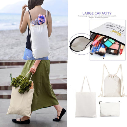 SCCFMM 5 Pack Sublimation Blank DIY Polyester Drawstring Bag Tote Bags + Cosmetic Bag set, Reusable Grocery Shopping Fashionable Cloth Bags Makeup Gym Drawstring Bag for Heat Transfer Print