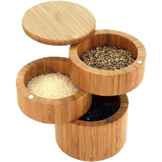3-Tier Bamboo Salt Cellar with Magnetic Lid - Kitchen Salt Box with Swivel Magnetic Closure Lid Ideal for Celtic Sea Salt, Redmond Real Salt and Pepper Bowls