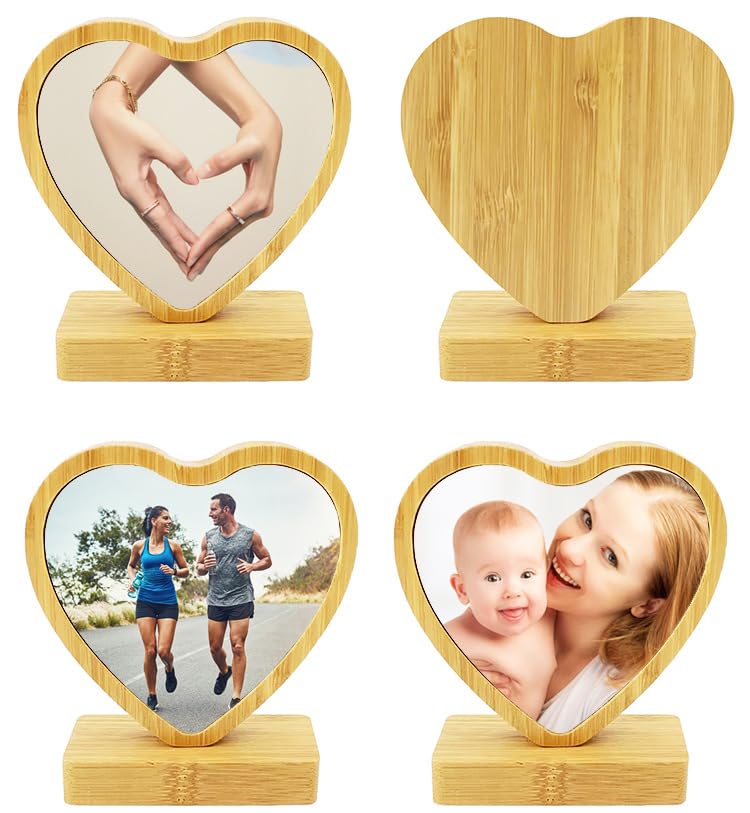 10 Pieces Sublimation Blanks Bamboo Frame Sublimation Blank Home Decorative Heat Transfer Photo Frame Bamboo Picture Frame Ornament for DIY Custom Tabletop Supplies (Heart)