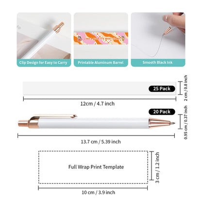 20pcs  Sublimation Pens Blanks White Aluminum Ballpoint Pens with Rose Gold Clip and Come with 20 Pieces Shrink Wrap Films,DIY Personalized Pen for Office School Stationery Supplies