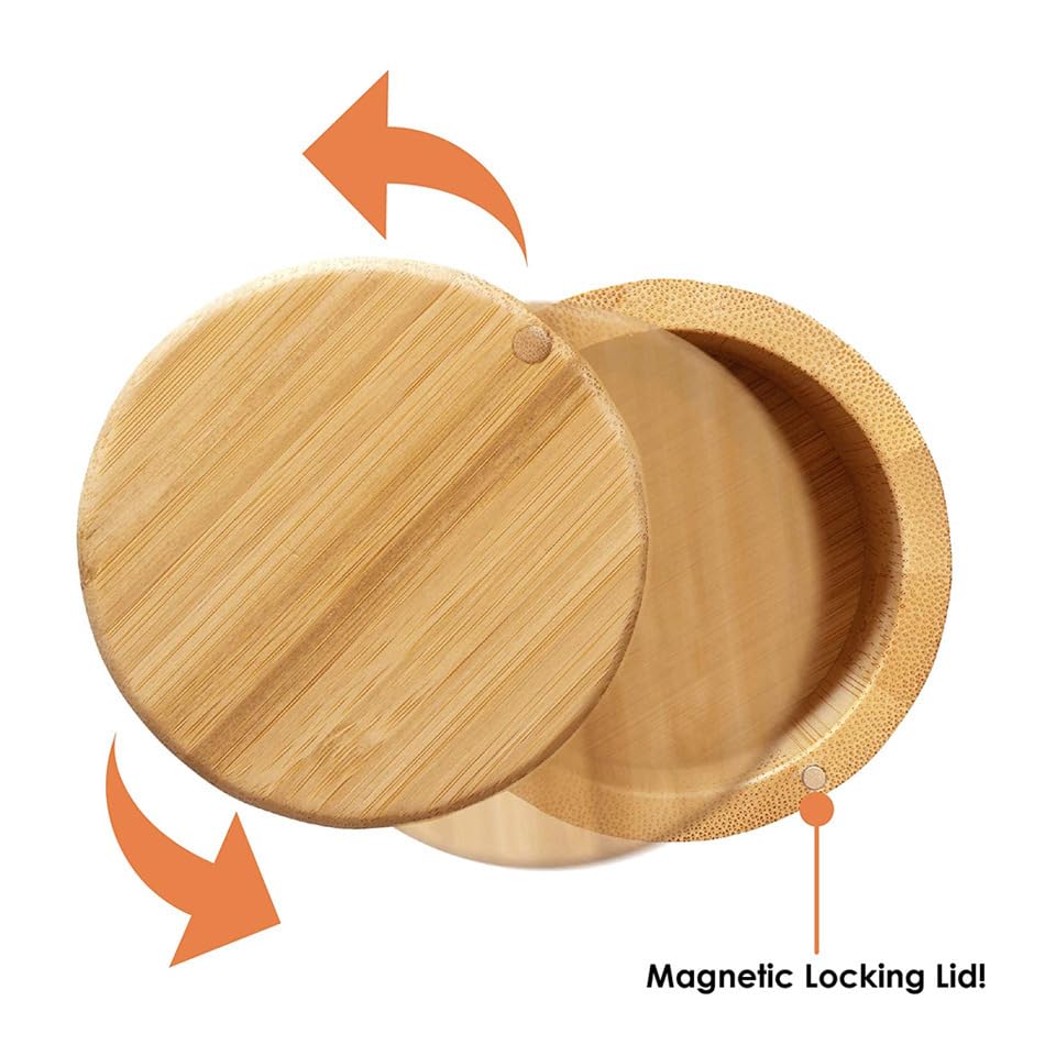 2 pieces Bamboo Salt Cellar with Magnetic Swivel Lid, Rustic Bamboo Salt Box for Kitchen for Seasonings/Spices/Candies, Salt Container for All Kinds of Spices/Nuts/Craft Materials, 7.40 Ounce Capacity
