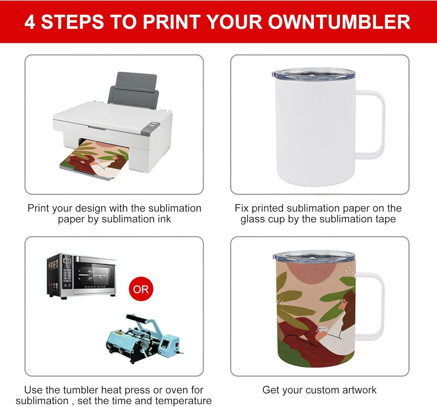 4 Pcs Sublimation Blank Skinny Tumbler 12 OZ With Handle DIY Heat Transfer Print Double Wall Stainless Steel Coffee Straight Mug with Sliding Lid