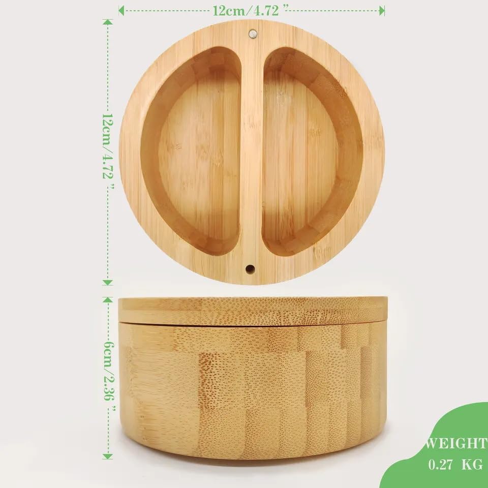 4.7 * 2.4 inch/12 * 6cm Bamboo Salt Keeper Duet Salt and Pepper Bowl, Salt Cellar and Storage Box with Two Compartments, Magnetic Swivel Lid
