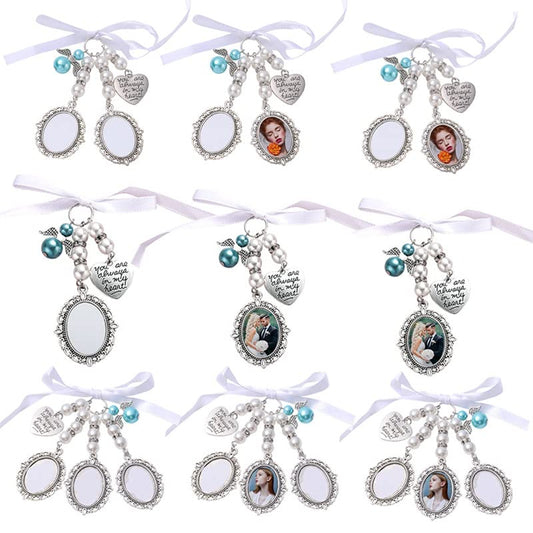 30set Sublimation Blank Wedding Bouquet Photo Charms Memory Charms Oval Frame Memorial Picture Charm DIY Pin Brooch with Oval Glass Cabochon Pendants Bulk for Wedding Party Bridal Shower