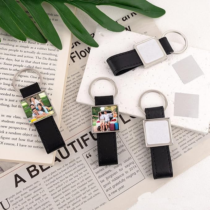 40 Pack Leather Sublimation Blanks PU Leather Keychain with Metal Square Rectangle Heart Round Shape DIY Heat Transfer Blank Tray Key Chain for DIY Crafts Photo Black