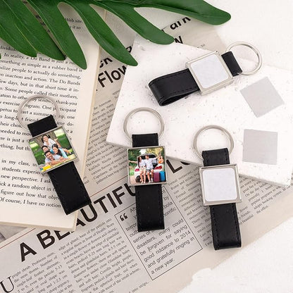 40 Pack Leather Sublimation Blanks PU Leather Keychain with Metal Square Rectangle Heart Round Shape DIY Heat Transfer Blank Tray Key Chain for DIY Crafts Photo Black