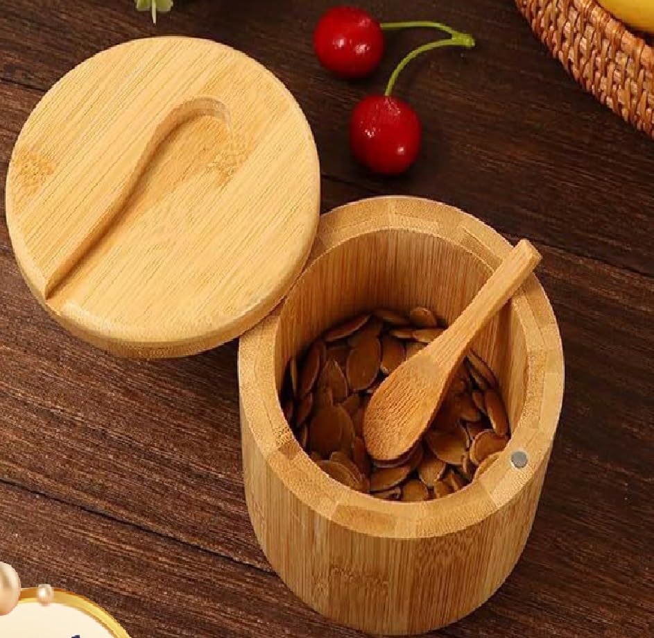2 pieces 7.4 Ounce Bamboo Salt Cellar with Mini Spoon, Kitchen Salt Box with Swivel Magnetic Closure Lid, Round Salt Container to Storage Pepper Spice Bath