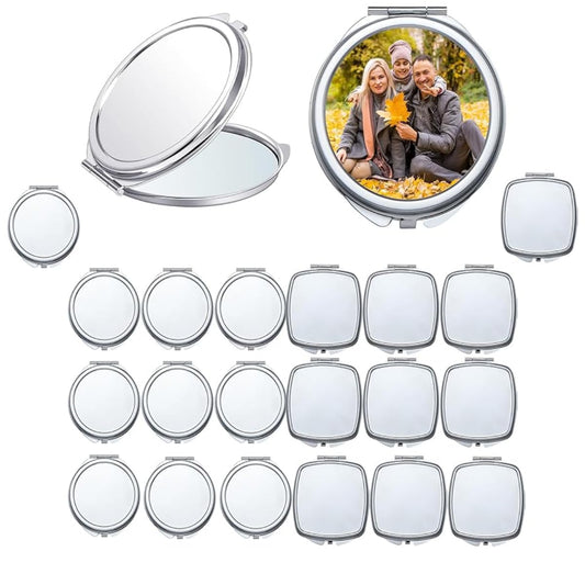 20 Pcs Sublimation Blanks Compact Mirror Bulk Small Gifts for Women DIY Heat Transfer Print Folding Pocket Makeup Mirror Handheld Mirror Round Square Sublimation Mirror for Purse Travel