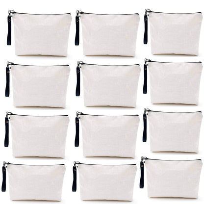 SCCFMM 20 Pack Sublimation Blanks Linen Makeup Bags With Wristband DIY Heat Transfer Print Cosmetic and Pencil Pouches, Multi-Purpose Travel Toiletry Zipper Bags for Crafting and Personalization